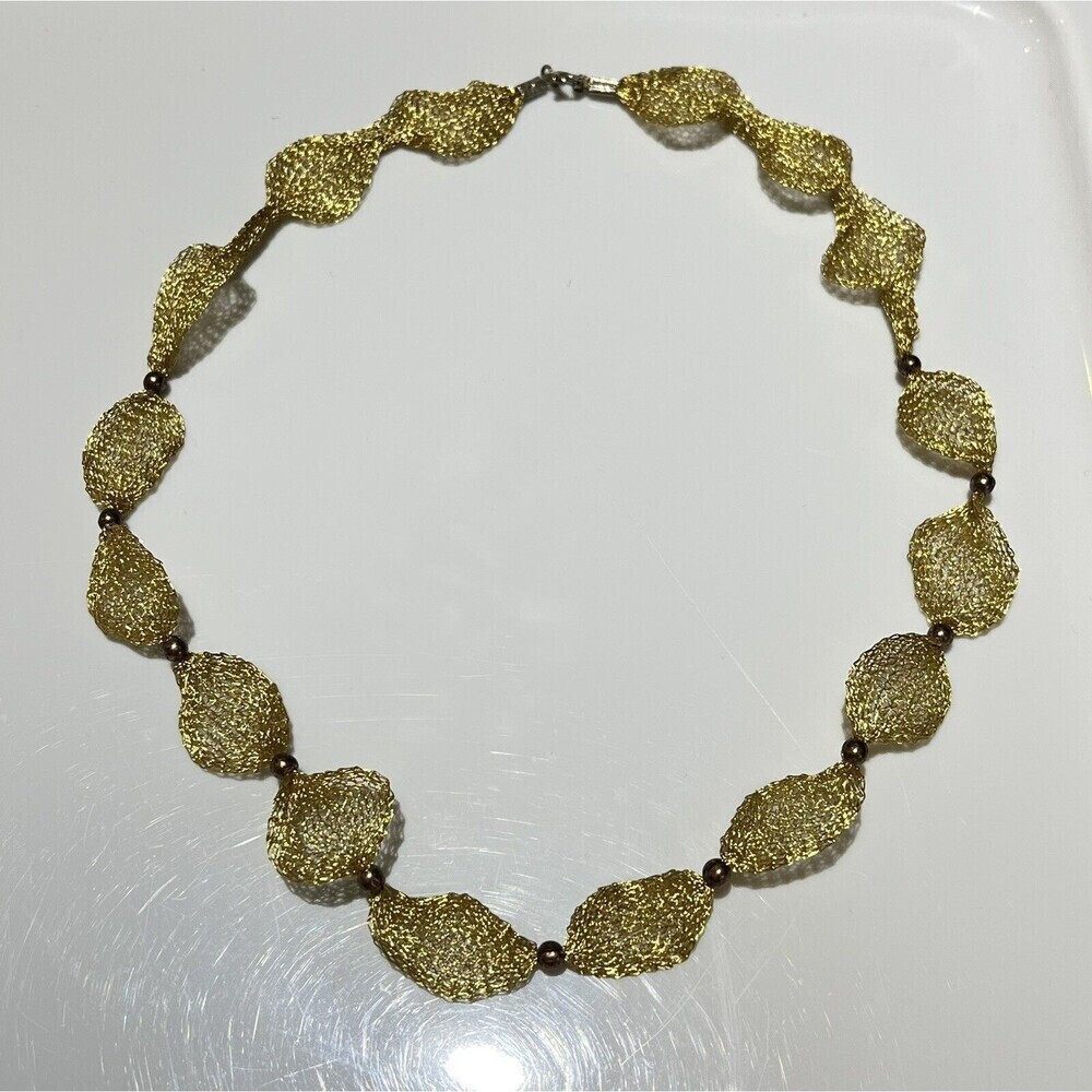 Mesh Lace Gold Tone Metal Chain Faux Pearl Women Necklace 16in Mob Wife Pinup